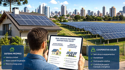 Comparação entre instalação de painéis solares em residência e participação em cooperativa de energia solar.