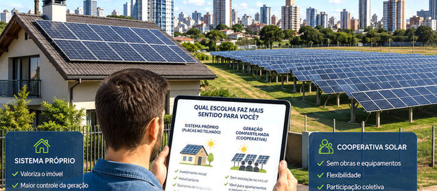 Comparação entre instalação de painéis solares em residência e participação em cooperativa de energia solar.
