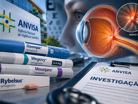 Canetas de medicamentos GLP-1 ao lado de representação do olho e do nervo óptico em investigação da Anvisa sobre perda de visão.