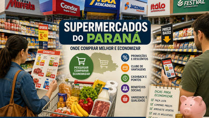 Consumidores comparando preços em grandes supermercados do Paraná.