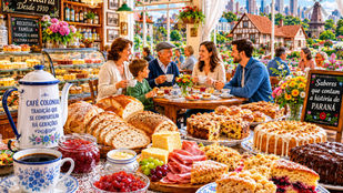 Mesa de café colonial com cucas, tortas, pães artesanais e café servido em uma confeitaria tradicional do Paraná.