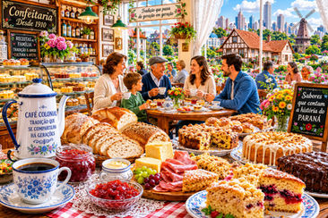 Mesa de café colonial com cucas, tortas, pães artesanais e café servido em uma confeitaria tradicional do Paraná.