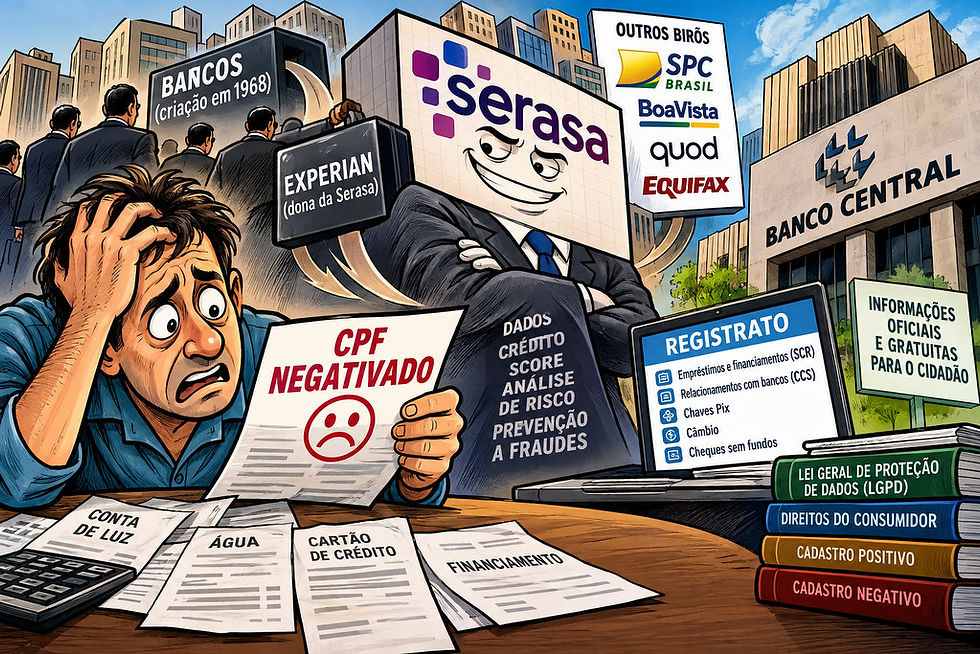 Pessoa consultando situação financeira do CPF no celular diante de uma representação gráfica da Serasa e do Banco Central