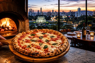 Pizza artesanal de Curitiba servida em pizzaria tradicional da capital paranaense.