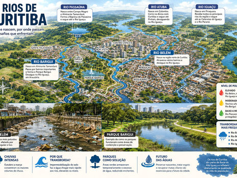 Conheça os principais rios de Curitiba, onde nascem, por onde passam, os níveis de poluição, áreas de enchentes e sua importância ambiental.