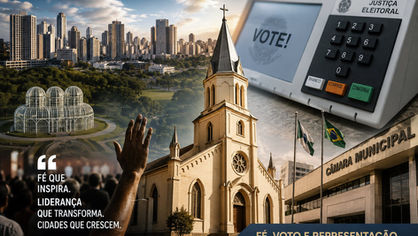 Líder religioso discursando para fiéis em um templo enquanto cidadãos acompanham debate sobre eleições municipais.