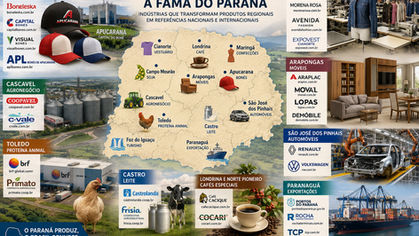 Montagem ilustrada com mapa do Paraná destacando os principais polos industriais e empresas ligadas aos produtos símbolo do Estado, como bonés, móveis, confecções, automóveis, café, leite, soja e exportações portuárias.
