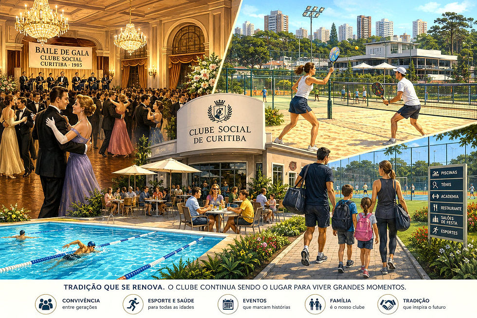 Vista ilustrada de um tradicional clube social de Curitiba reunindo salão de baile, piscinas, quadras esportivas e famílias utilizando áreas de lazer.