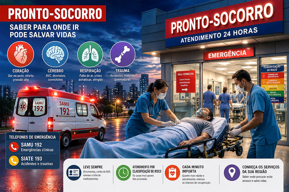 Equipe médica recebe paciente em um pronto-socorro com ambulância ao fundo e símbolos das principais emergências médicas.