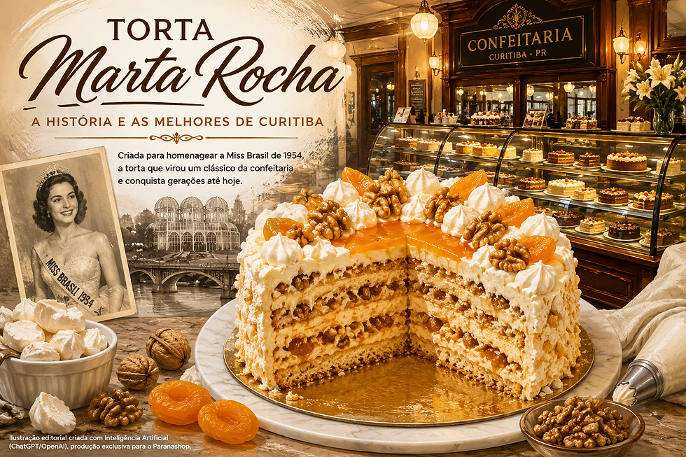 Torta Marta Rocha artesanal decorada com chantili, nozes e damascos sobre balcão de confeitaria tradicional em Curitiba.