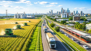 Plantação de soja no interior do Paraná com skyline urbano ao fundo representando a relação entre campo e cidade.