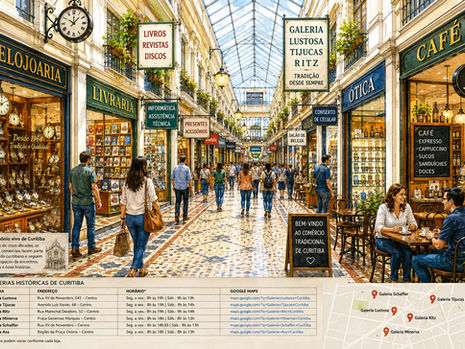 Interior de uma galeria histórica de Curitiba com lojas tradicionais, cafeterias, vitrines e grande circulação de pedestres.
