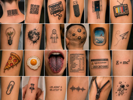 Colagem com tatuagens inusitadas e criativas em diferentes partes do corpo, incluindo QR Code, código de barras, desenhos minimalistas, tatuagem na língua, astronauta, pizza, controles de videogame e estilos modernos que viraram tendência no Paraná.