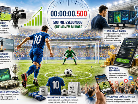 Jogador se prepara para cobrar um pênalti diante de estádio lotado, cercado por elementos que representam tecnologia, finanças e a economia do futebol.