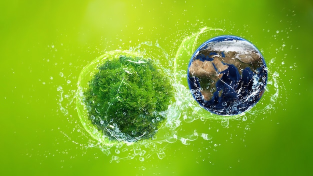 Foto conceito do dia mundial do meio ambiente, dia da terra, terra e árvore na água respingada