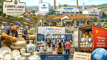 Vista ilustrada de Campo Largo com fábricas de porcelana, produção de louças, Expolouça e elementos que representam a concorrência das importações chinesas.