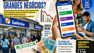 Cliente realiza atendimento em uma lotérica enquanto outros utilizam aplicativos de apostas no celular, ilustrando a transformação digital do setor.