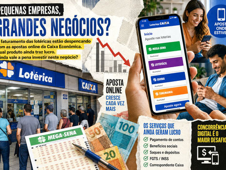 Cliente realiza atendimento em uma lotérica enquanto outros utilizam aplicativos de apostas no celular, ilustrando a transformação digital do setor.