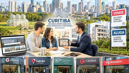 Corretores apresentam apartamento moderno em Curitiba, simbolizando as principais imobiliárias da capital.