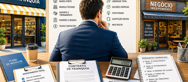 Empreendedor analisa contrato e planilhas financeiras antes de investir em uma franquia