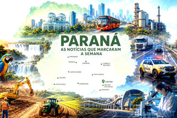 Mapa ilustrado do Paraná destacando as principais notícias da semana nas dez maiores cidades.