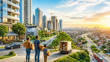 Vista urbana de Curitiba mostrando prédios modernos em bairros nobres e famílias se deslocando para regiões periféricas.