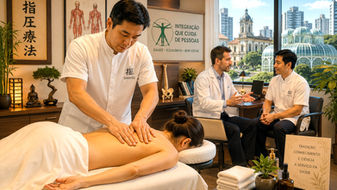 Massoterapeuta realizando atendimento terapêutico em clínica tradicional de Curitiba integrada aos cuidados médicos.