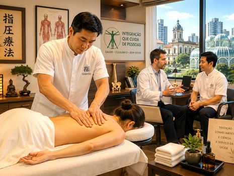 Massoterapeuta realizando atendimento terapêutico em clínica tradicional de Curitiba integrada aos cuidados médicos.