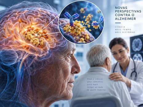 Ilustração de cérebro humano representando a ação de anticorpo contra placas beta-amiloide associadas ao Alzheimer.