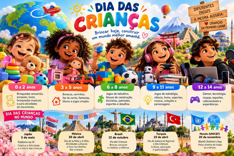 Dia das Crianças 2026: confira sugestões de presentes por idade, tendências do mercado e como a data é celebrada no Brasil e em diferentes países.