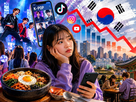 Ilustração editorial em estilo realista abstrato retrata a desaceleração da influência da cultura coreana em Curitiba. A composição reúne elementos como artistas de K-pop, símbolos das redes sociais, pratos típicos da culinária sul-coreana, a bandeira da Coreia do Sul e pontos turísticos da capital paranaense, representando a transição da Onda Coreana para um público mais segmentado.