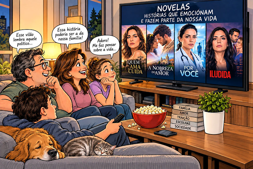Família reunida diante da televisão enquanto acompanha diferentes histórias de novelas brasileiras.