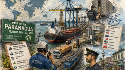 Vista panorâmica do Porto de Paranaguá com navios graneleiros, silos, guindastes e intensa movimentação de cargas.