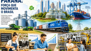 Vista panorâmica do Paraná com indústrias, cooperativas agrícolas, linhas de energia, porto e pequenos empreendedores representando a economia estadual.