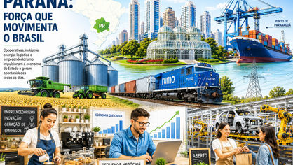 Vista panorâmica do Paraná com indústrias, cooperativas agrícolas, linhas de energia, porto e pequenos empreendedores representando a economia estadual.