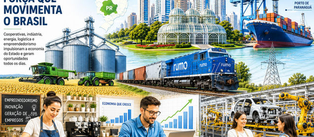 Vista panorâmica do Paraná com indústrias, cooperativas agrícolas, linhas de energia, porto e pequenos empreendedores representando a economia estadual.
