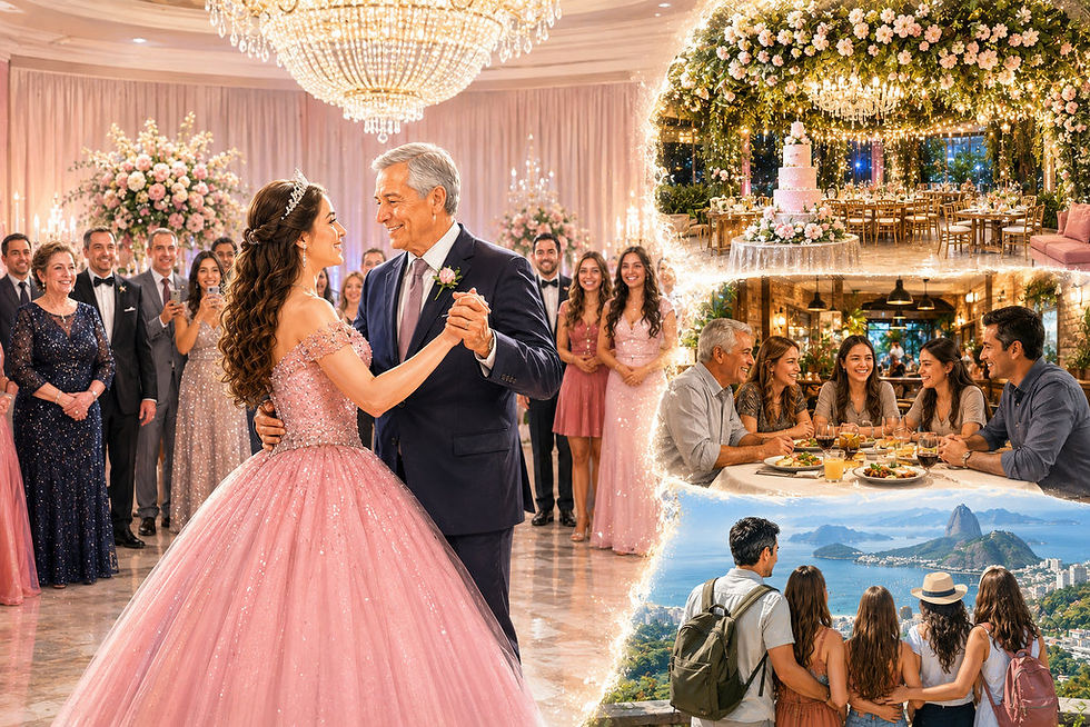 Debutante dançando a valsa cercada pela família em um salão elegante durante festa de 15 anos.