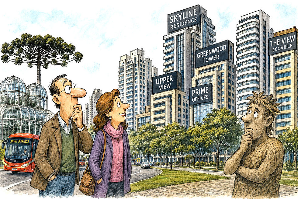 Edifícios modernos de Curitiba com nomes em inglês representando a influência internacional na arquitetura e no mercado imobiliário