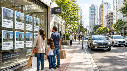 Família caminhando por avenida de Curitiba diante de imobiliária com anúncios de apartamentos de luxo, tendo ao fundo edifícios modernos e novos empreendimentos residenciais.