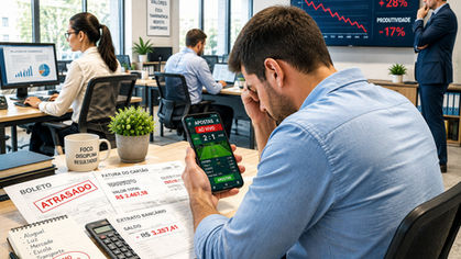 Funcionário utiliza aplicativo de apostas esportivas durante o expediente enquanto enfrenta dificuldades financeiras em ambiente corporativo.