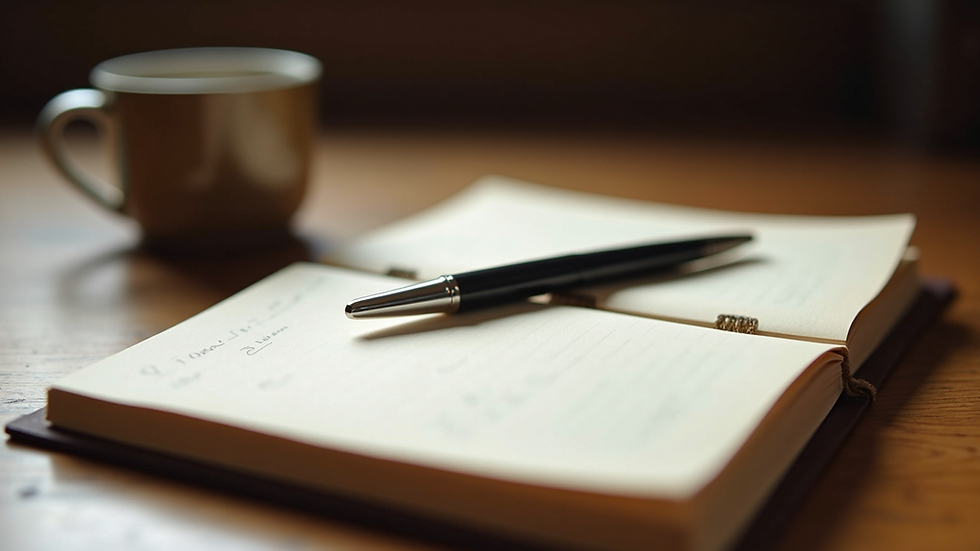 Close-up view of a journal and pen on a wooden table during a reflective writing session