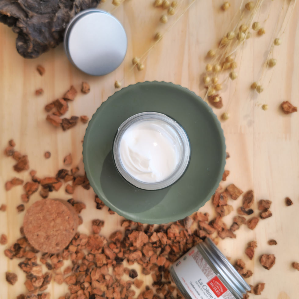 Pot de crème de jour bio ouvert posé sur un socle vert d'eau avec des copeaux de bois
