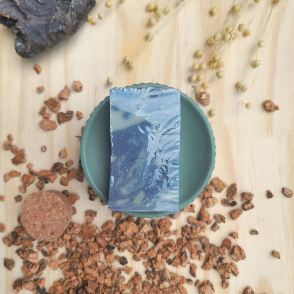 Tranche de savon noir et gris à la boue de la mer Morte posée sur un socle vert d'eau