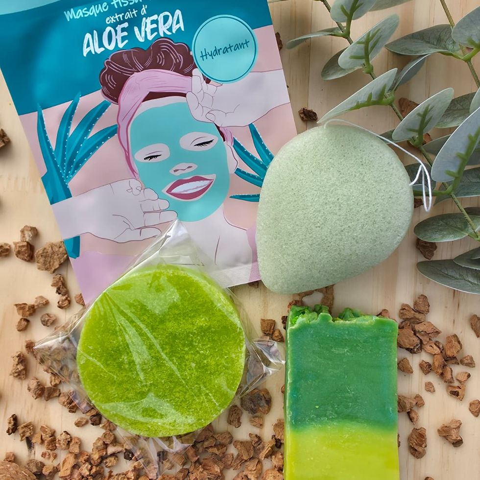 Box Aloé Vera : masque en tissu, savon éponge, savon à l'huile d'olive et éponge konjac à l'aloé vera
