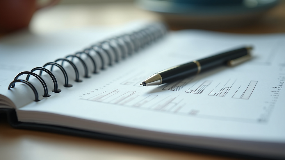 Close-up view of a notebook with financial planning notes and a pen
