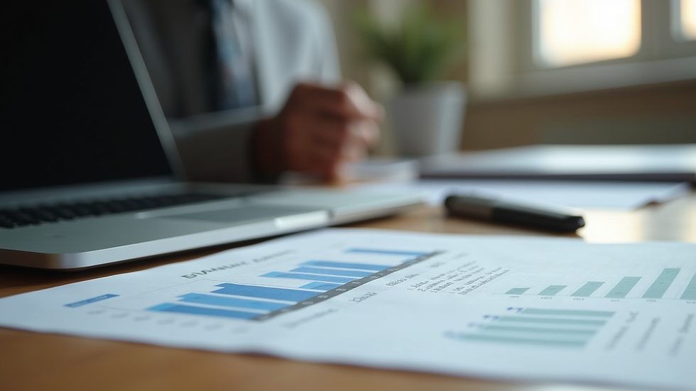 Eye-level view of a neat desk with a laptop and financial documents