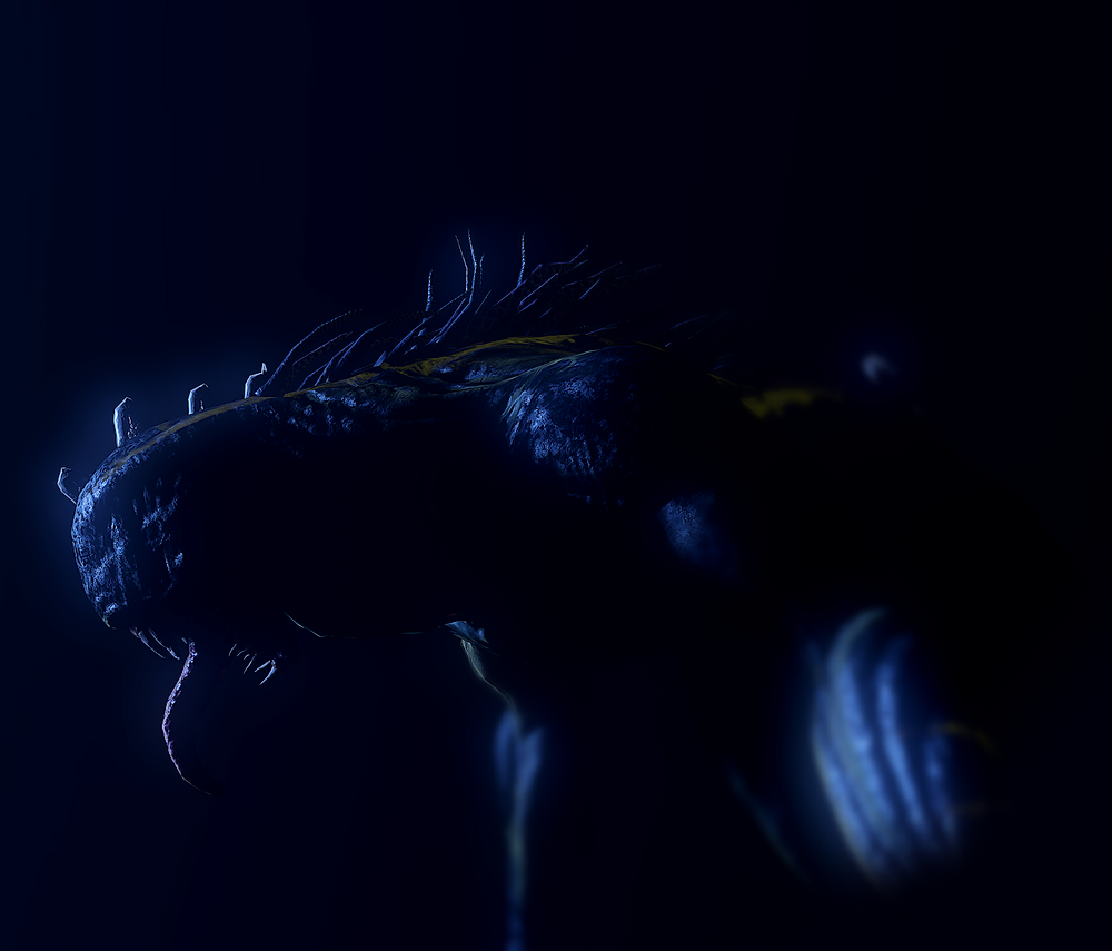 New monster, the Bhagra, in near-darkness. They are side-on and highlighted by dark blue light, that emphasises their tongue, teeth, and spines.