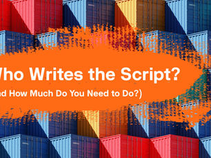 Shipping containters stacked with a title written on the image about writing a script for video marketing