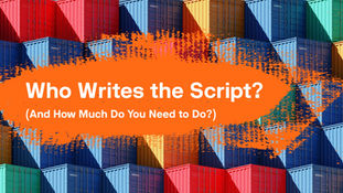 Shipping containters stacked with a title written on the image about writing a script for video marketing