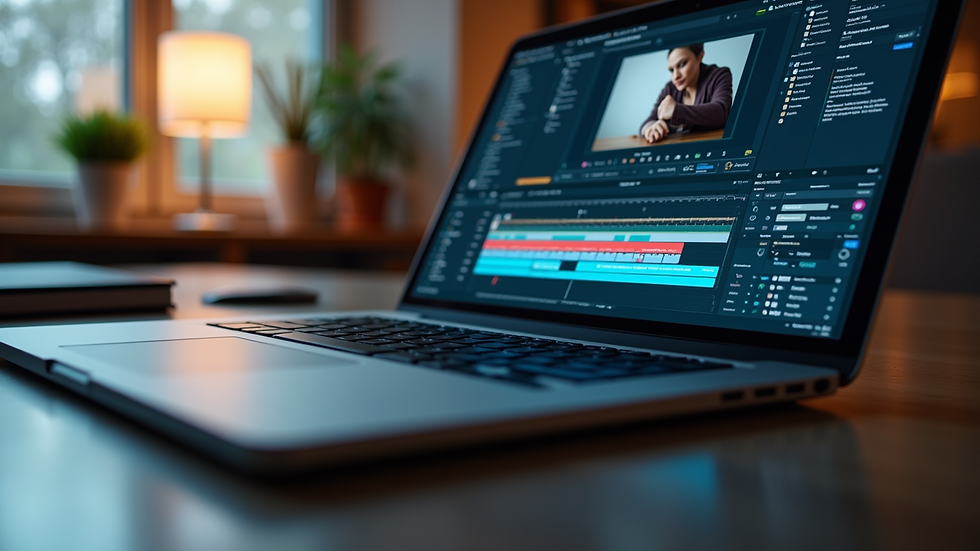Eye-level view of a laptop screen showing video editing software